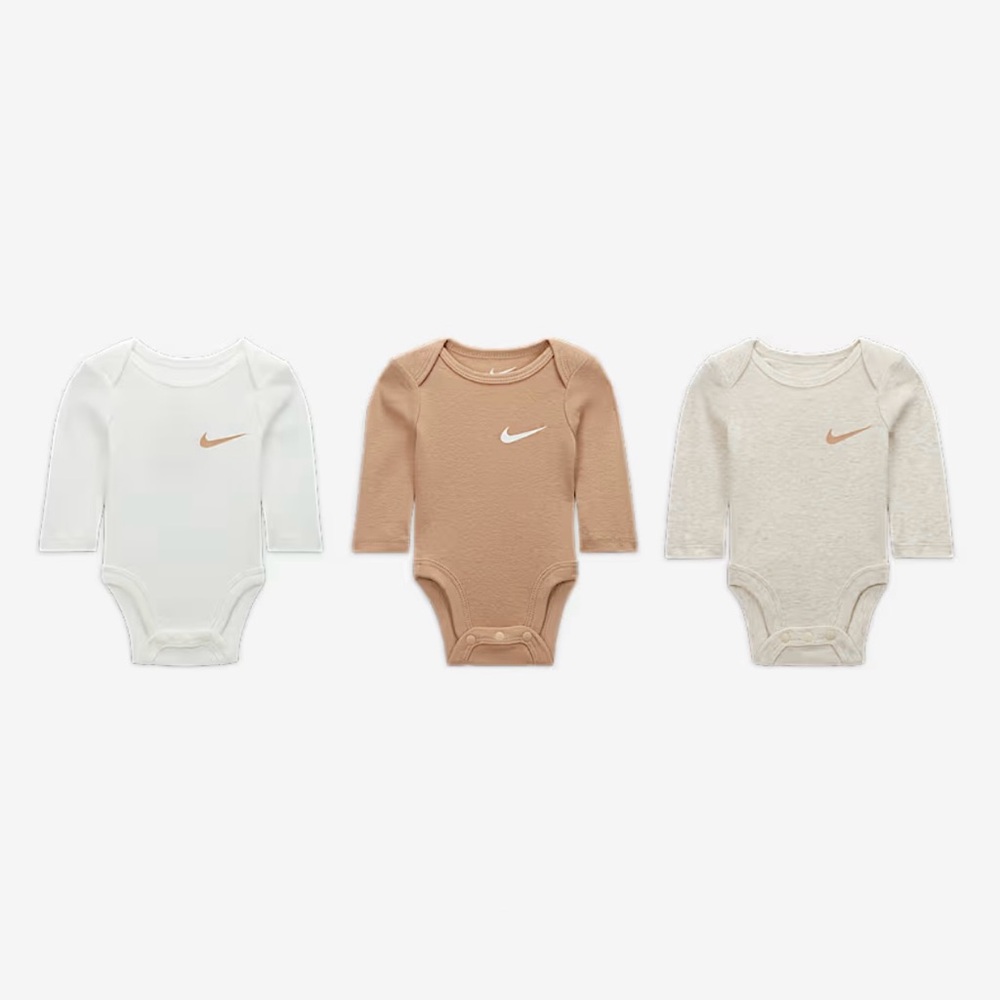 Nike essentials baby 3 pack long sleeve bodysuits/ Pale Ivory/Size: 6 months